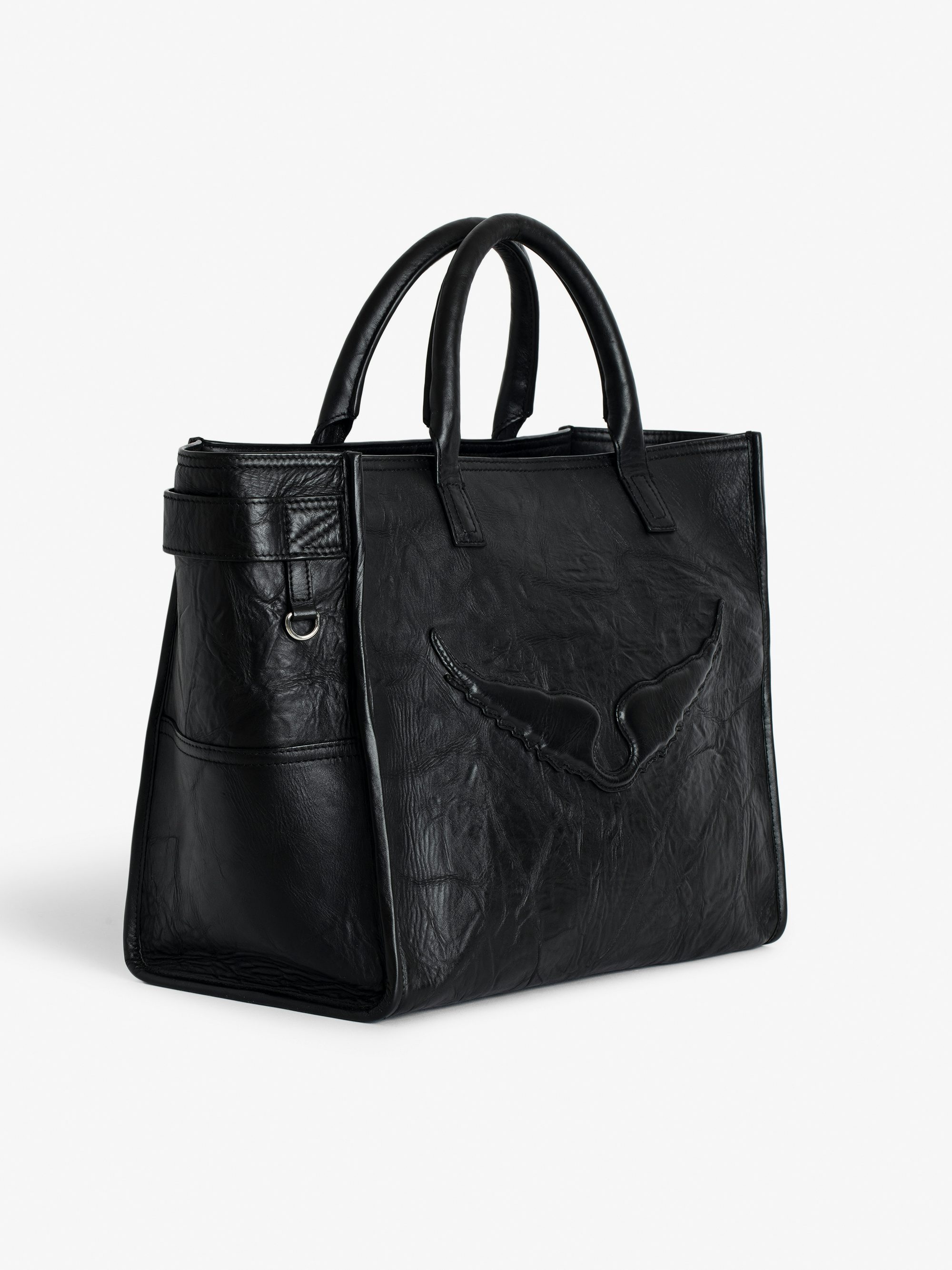 Angel Tote Bag - Crinkled leather bag with handle, shoulder strap and embossed wing signature.